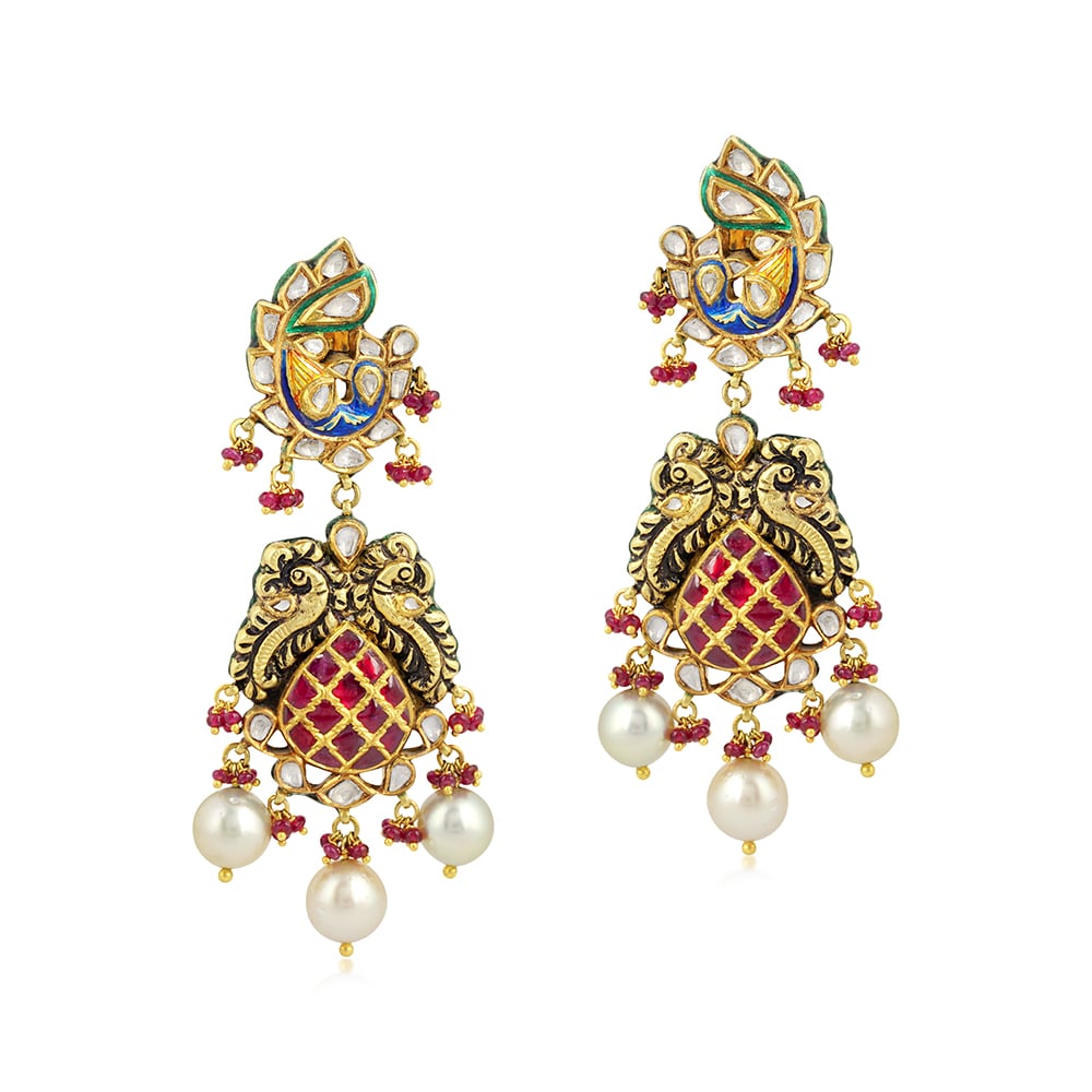 Peacock Stud Earrings with Polki, Ruby Talafs, and Pearls